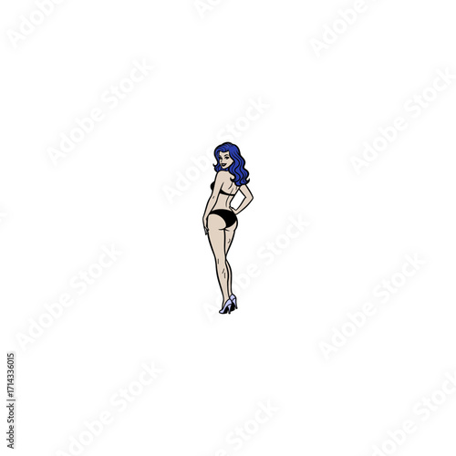 Retro pin up woman in black bikini and blue hair