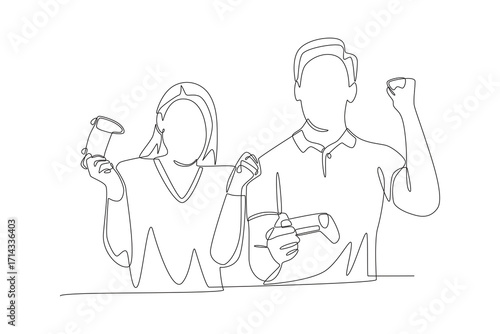 Couple playing competitive games on PS console. Couple co op game concept one-line drawing