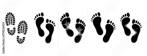 Collection of Black Footprint and Shoe Print Silhouettes on White Background