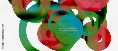 Abstract colorful shapes overlap creating dynamic visual effect. Modern design elements suggest fluidity, energy, innovation.