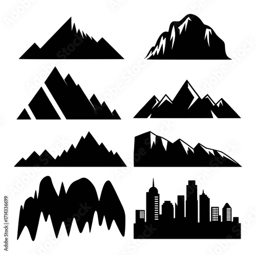 Collection of Black Silhouettes: Mountains and City Skyline Icons