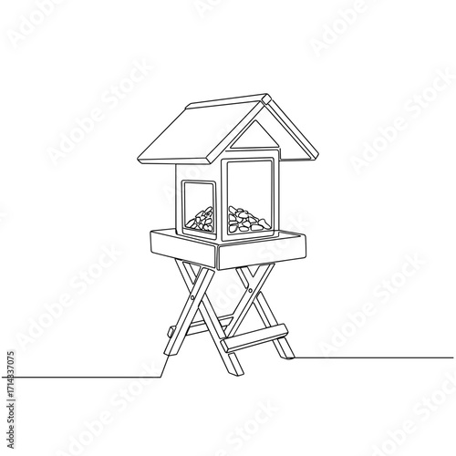 Wooden bird feeder on stand in one-line drawing style