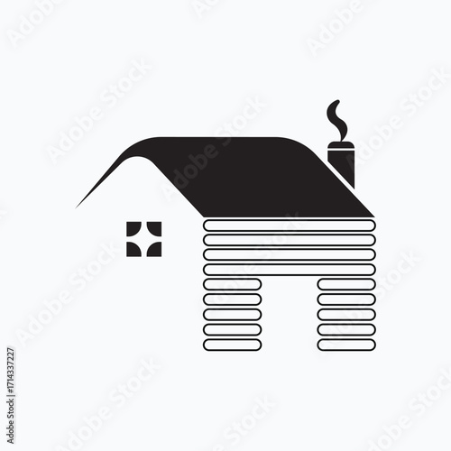 Stylized black and white illustration of a log cabin with a smoking chimney and a small window, isolated on a white background, representing rustic living and cozy homes