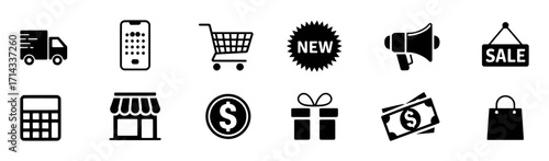 Collection of E-commerce and Shopping Icons: Delivery, Mobile, Cart, Sale, and More