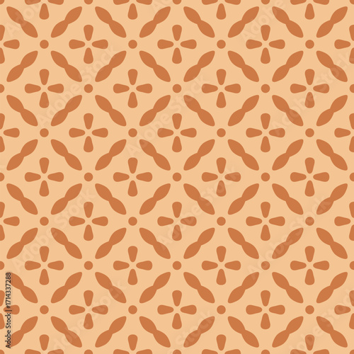 Abstract floral vector seamless pattern. Simple ornament with flower silhouettes, tiles. Vintage texture in caramel color. Retro nostalgic old-fashioned background. Repeated mid-century style design