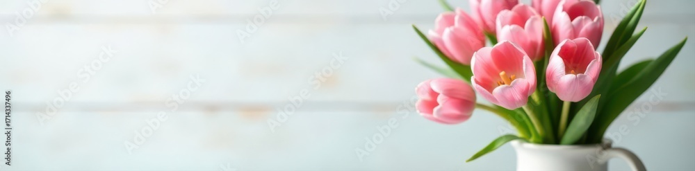 Fototapeta premium Pastel pink tulips in vase, white wood table, Easter , holiday, event, rustic