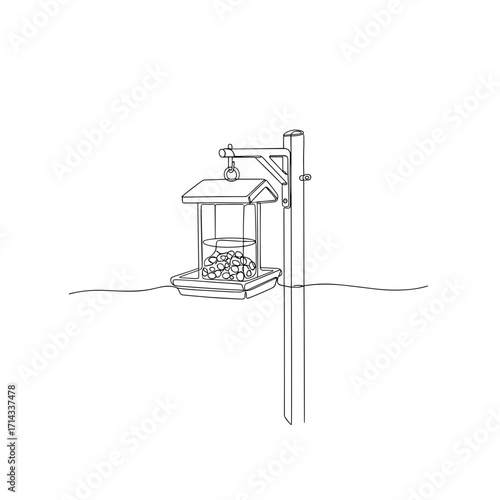 Bird feeder on pole in minimal one-line drawing style