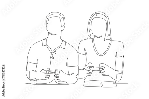 Couple playing competitive games on PS console. Couple co op game concept one-line drawing