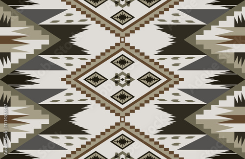 Southwestern native inspired geometric seamless pattern, Traditional rug motif with tribal symmetry abstract decorative textile design.