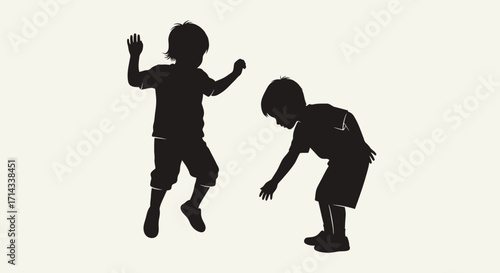 Vector silhouettes of two children playing, active kids activity icons, childhood fun and happiness concept isolated illustration design