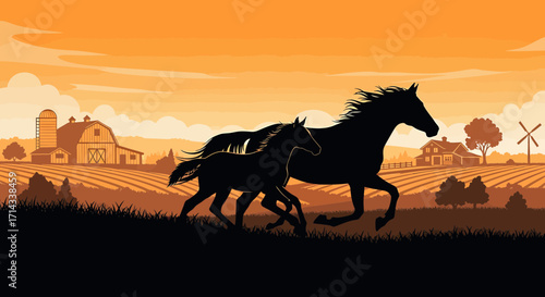 Vector silhouettes of two horses running, wild animal icons, equestrian and countryside theme design isolated on white background