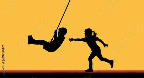 Vector silhouettes of two children playing, active kids activity icons, childhood fun and happiness concept isolated illustration design