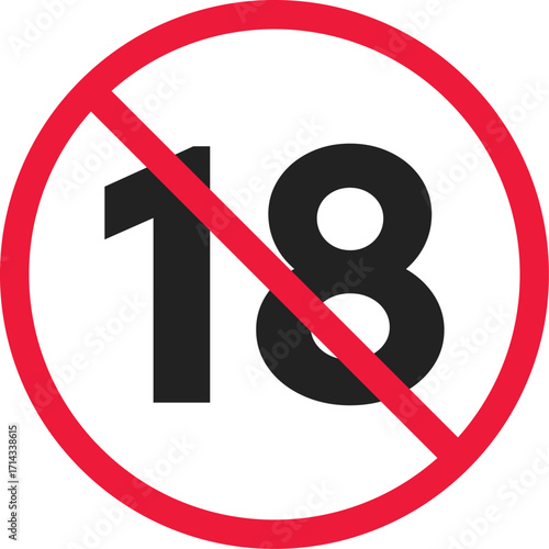 over 18 plus adult signs. 18+ warning symbol. Age restriction 18 years. eighteen years warning prohibition or ban sign