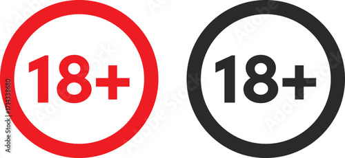 over 18 plus adult signs. 18+ warning symbol. Age restriction 18 years. eighteen years warning prohibition or ban sign