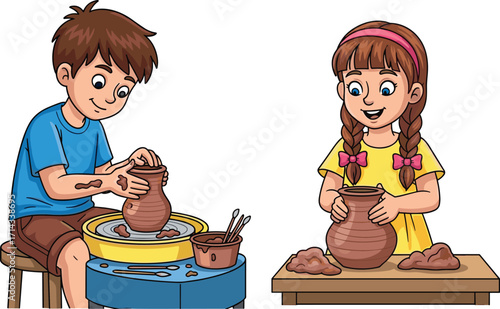 Children making pottery, boy shaping clay on wheel, girl modeling clay pot, creative kids activity, traditional craft, handmade ceramic art, workshop