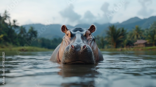 Close-Up of a Hippo in a Tranquil Water Setting