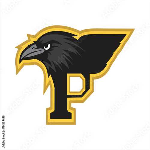 Black crow bird forming a letter p, outlined in gold, isolated on white