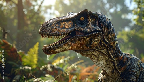 Fototapeta Naklejka Na Ścianę i Meble -  Close-up dinosaur in lush jungle