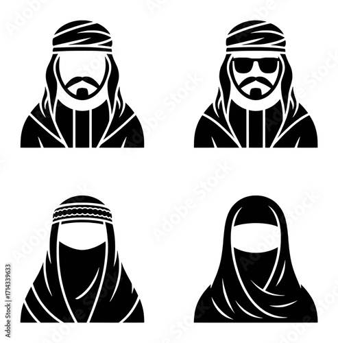 Set of Icons Representing Middle Eastern Men and Women in Traditional Attire
