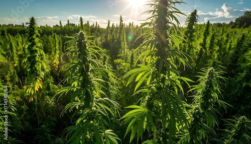 Lush hemp field at sunset