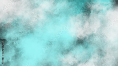 Abstract background featuring a blend of serene turquoise and white clouds. Dynamic and ethereal smoky texture with a mix of blue-green and grey tones.
