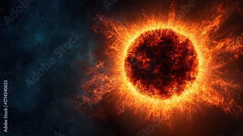 Bright and Fiery Sun with Solar Flare Against Cosmic Background