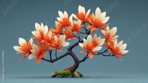Beautifully Crafted Digital Art of a Flowering Tree with Vibrant Orange and White Blossoms on Smooth Background