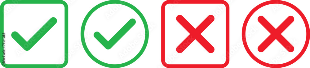 Obraz premium check mark and cross mark icon set. Yes, no sign. Approve and reject symbols. Green Tick and Red X Sign