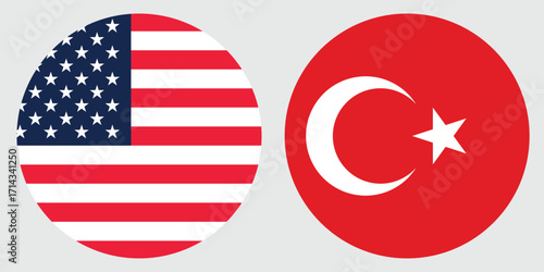 United States and Turkey Circular Flags on Grey Background , vector design and digital illustration 
