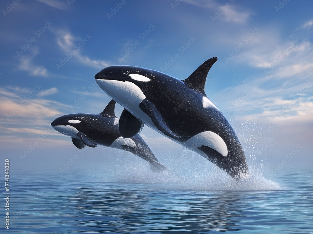 Fototapeta premium Majestic orcas breaching ocean's surface against the horizon's embrace