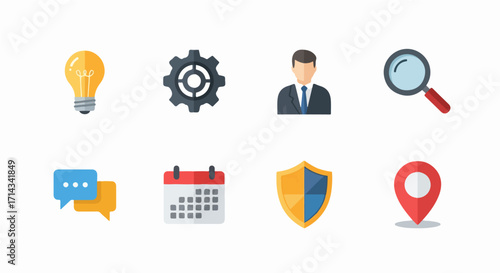 A versatile collection of modern flat design vector icons representing key business, communication, and administrative concepts for digital projects