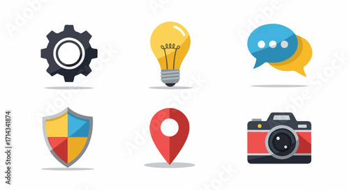 Collection of essential flat design icons representing various digital functions and concepts like settings, innovation, communication, security, navigation, and multimedia applications