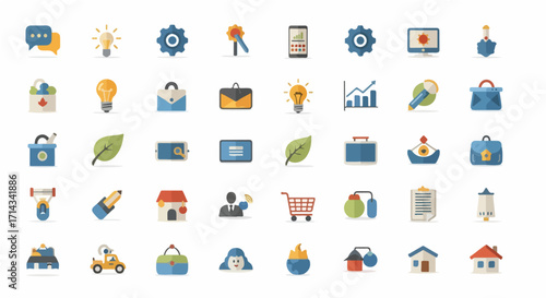 Versatile collection of flat design vector icons, featuring essential symbols for business, finance, technology, communication, health, and everyday life applications
