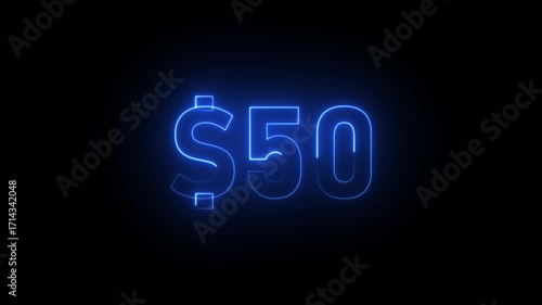 Blue neon dollar sign and number 50 glowing on black background fifty dollars
