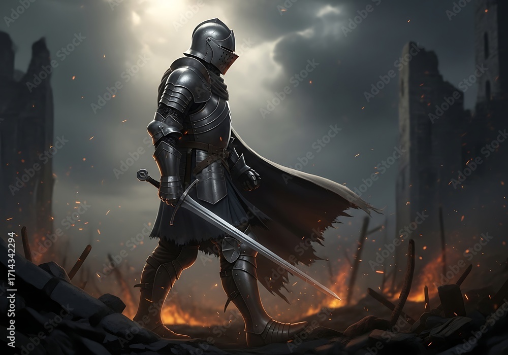 Fototapeta premium A lone knight in full armor walks through a desolate, wartorn landscape with a sword in hand, amidst ruins and fire