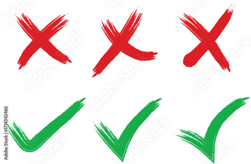  hand drawn check mark and cross mark icon set. Yes no sign. Approve and reject symbol. Green Tick and Red X Sign
