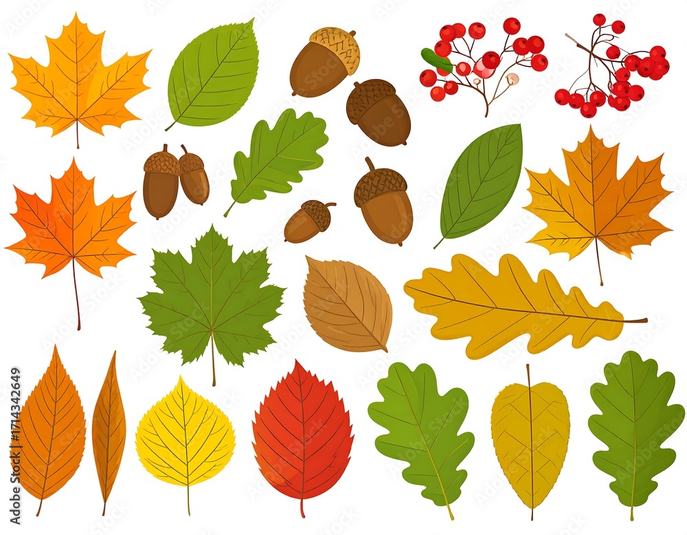 Fototapeta premium Autumn leaves and acorns. Colorful collection of various autumn leaves and acorns on a white background