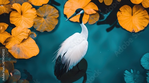 Elegant Crane Stands Amidst Vibrant Water Lilies