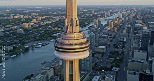Aerial view of Toronto skyline at sunset, vibrant city