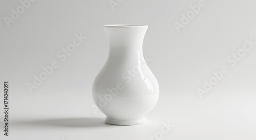 Clean white porcelain vase, studio shot against a bright background, minimalist design, simple elegant shape, conveying serenity and purity.