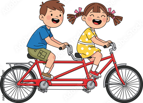 Children riding tandem bicycle, boy and girl cycling together, teamwork, outdoor activity, fun ride, friendship, cooperation, childhood adventure, healthy lifestyle, summer