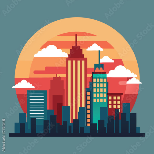 Flat Vector Urban Skyline with Sunset
