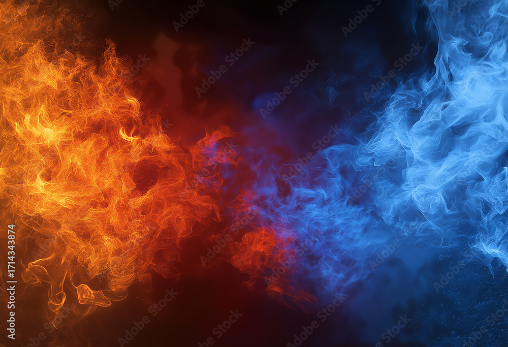 Fototapeta premium Dark background with colliding red fire and blue ice particles in an abstract explosion