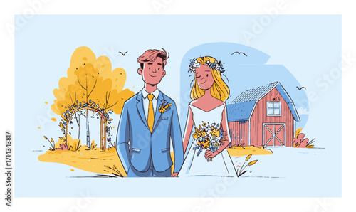 Cartoon Couple in Wedding Attire Standing in Front of Barn and Landscape