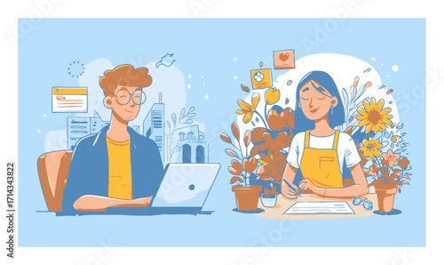 Creative Workspace Illustration Featuring a Designer and a Writer