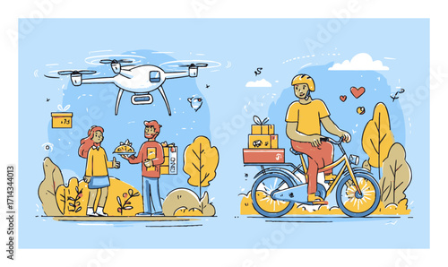 Cartoon Delivery Services with Drone and Bicycle in Vibrant Vector Style
