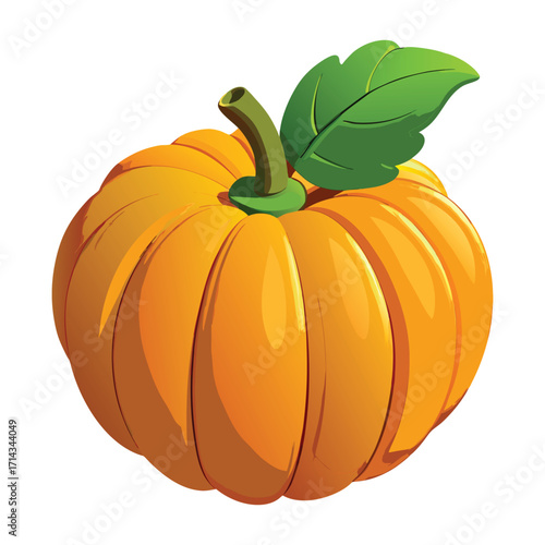 An orange pumpkin with a stem, isolated on a white background, is a ripe seasonal vegetable used for fall decoration and Thanksgiving harvest food