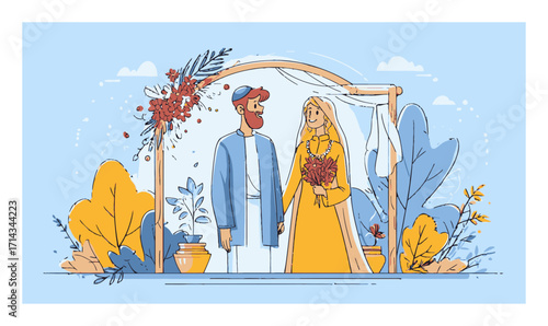 Charming Cartoon Wedding Scene with Bride and Groom under Arch