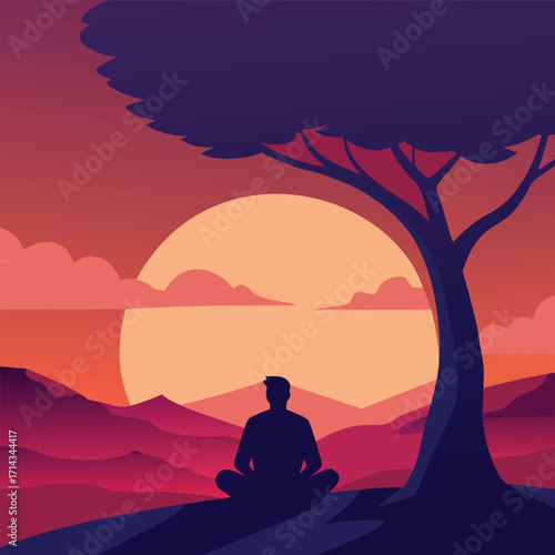 Man Meditating Under Tree at Sunset