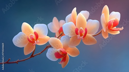 Delicate Pink Orchid Flowers Blooming Against a Soft Blue Background in Gentle Light